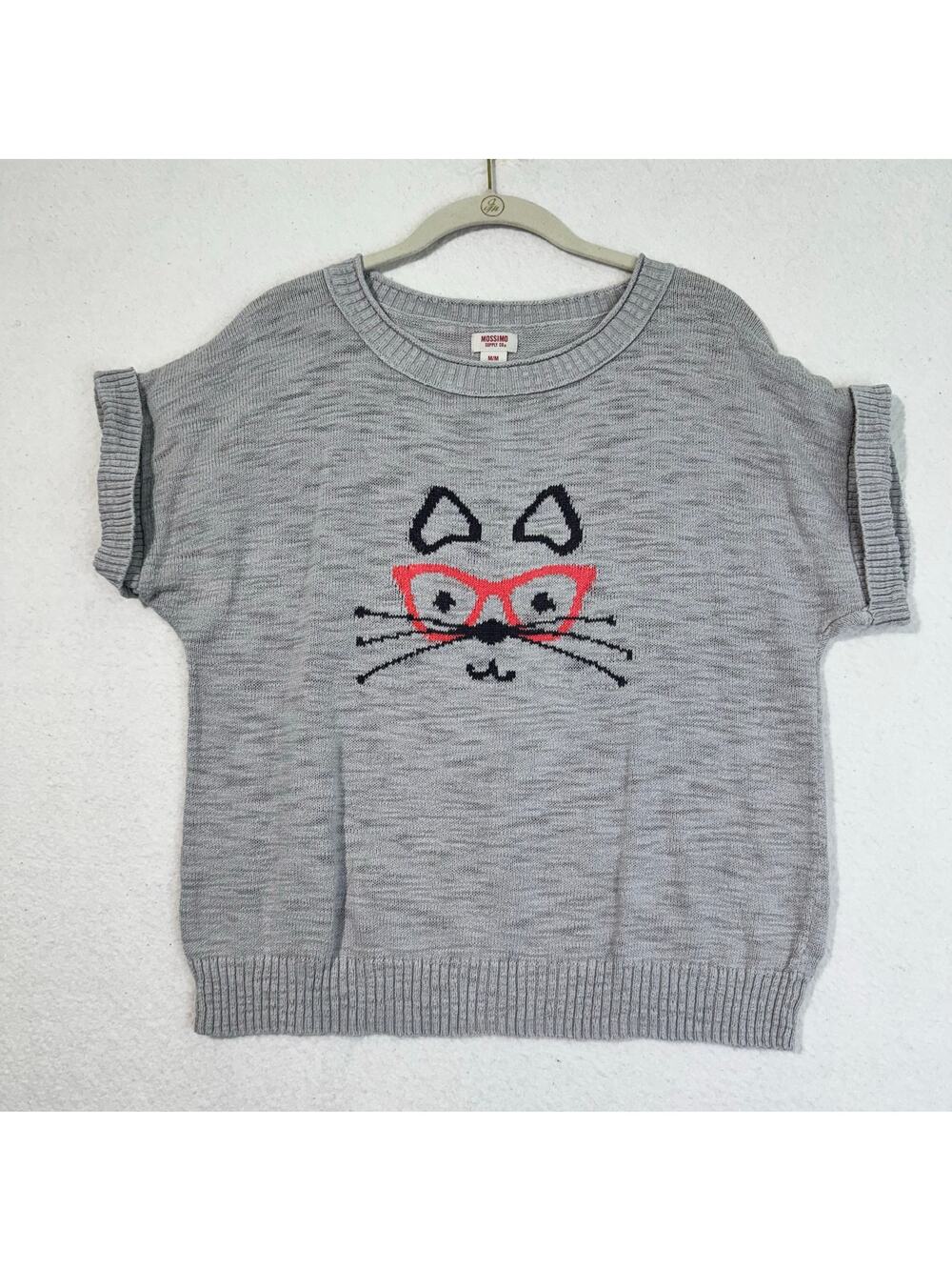 Mossimo Pink Glasses Kitty Cat Grey Short Sleeve Cotton Knit Sweater Shirt Med - Picture 1 of 7
